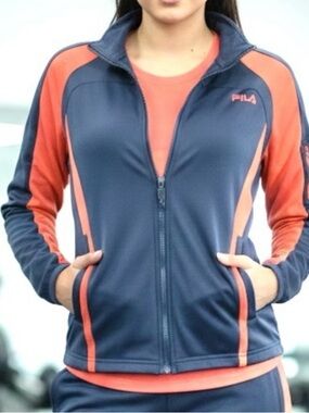 Fila Women's 2 Piece Neon Red Orange and Gray Short Sleeve Top and Jacket